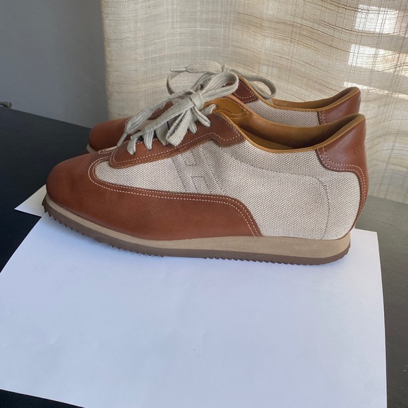 Hermes Shoes - Hermes brown leather beige canvas fashion sneakers trainers size 38 Italy H logo